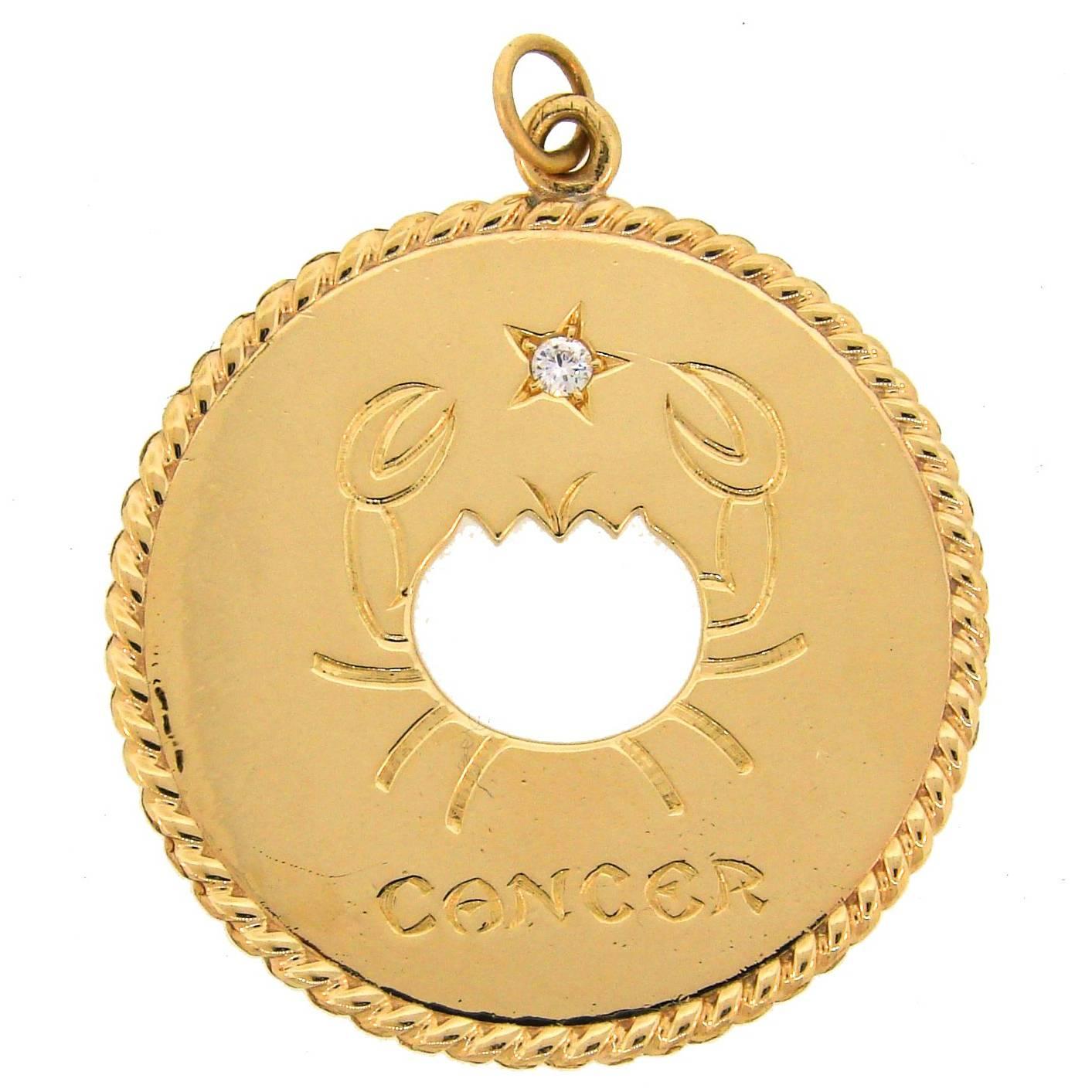1970s Cartier Diamond Yellow Gold Cancer Zodiac Pendant