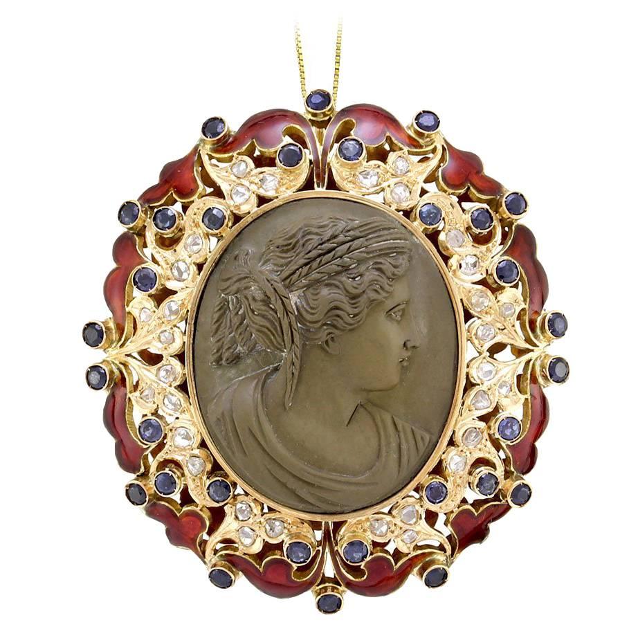 Charming Lava Enamel Cameo Sapphire Diamond Gold Brooch For Sale