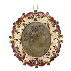 Charming Lava Enamel Cameo Sapphire Diamond Gold Brooch