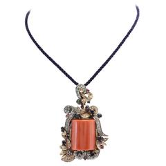 Luise Diamonds Blue and Yellow Sapphires Emeralds Rubies Coral Pendant Necklace 2