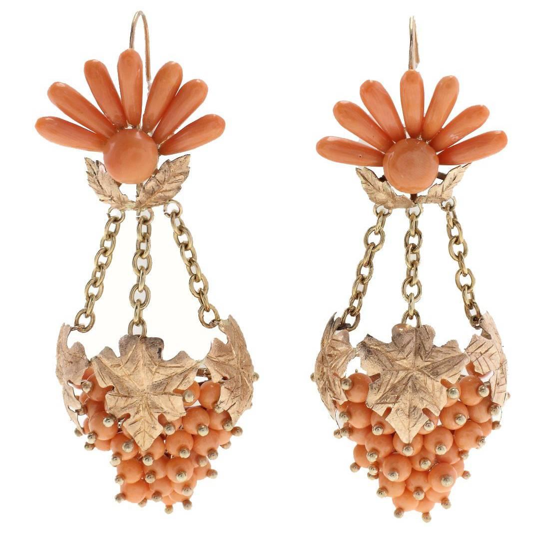 Orange Coral, Rose Gold Chandelier Grape Fruit Earrings