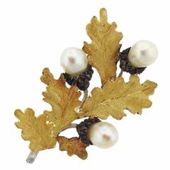 Buccellati Pearl Sterling Silver Gold Leaf Brooch Pin