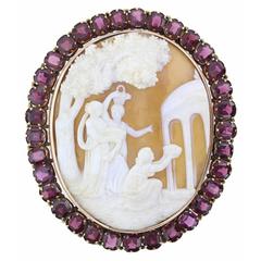 Antique Victorian Maidens at Temple of Love Shell Cameo Garnet Gold Brooch 12