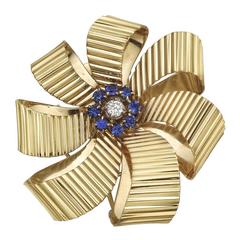Tiffany & Co. Retro Gold and Gem-Set Ribbon Brooch