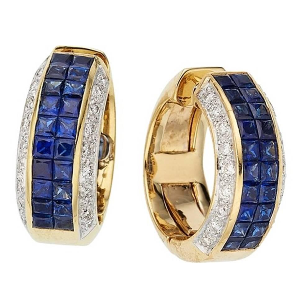 Sapphire Diamond Gold Hoop Earrings at 1stDibs