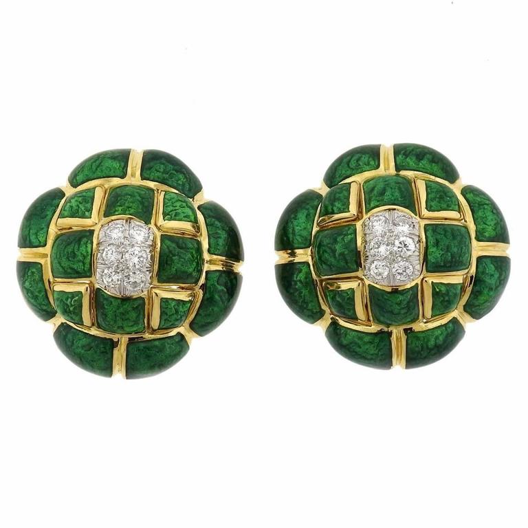 David Webb White Enamel Gold Earrings At 1stdibs David Webb Quilted Green Enamel Diamond Gold Earrings