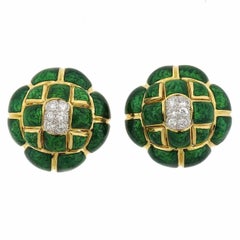 David Webb Quilted Green Enamel Diamond Gold Earrings