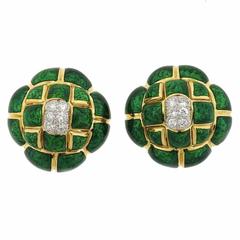 David Webb Quilted Green Enamel Diamond Gold Earrings 4