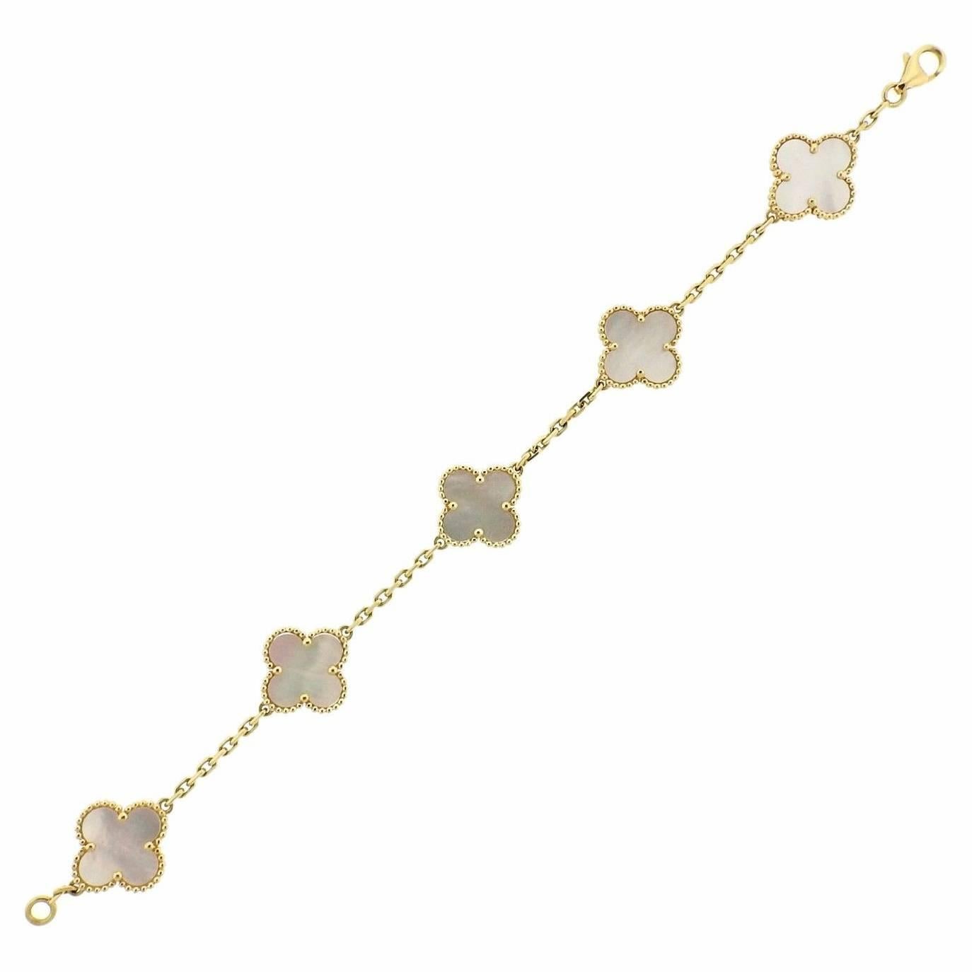 Van Cleef & Arpels Vintage Alhambra Gold Mother of Pearl 5 Motif Bracelet