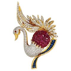 Ruby Sapphire Diamond Gold Swan Brooch