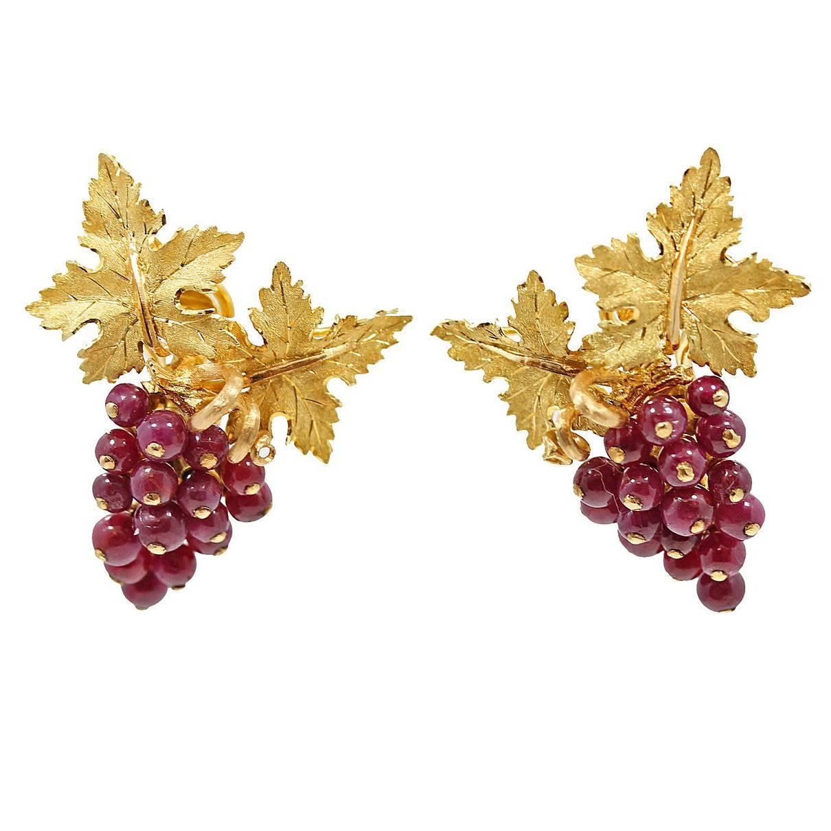 Buccellati Fancy Carved Ruby Gold Earrings For Sale