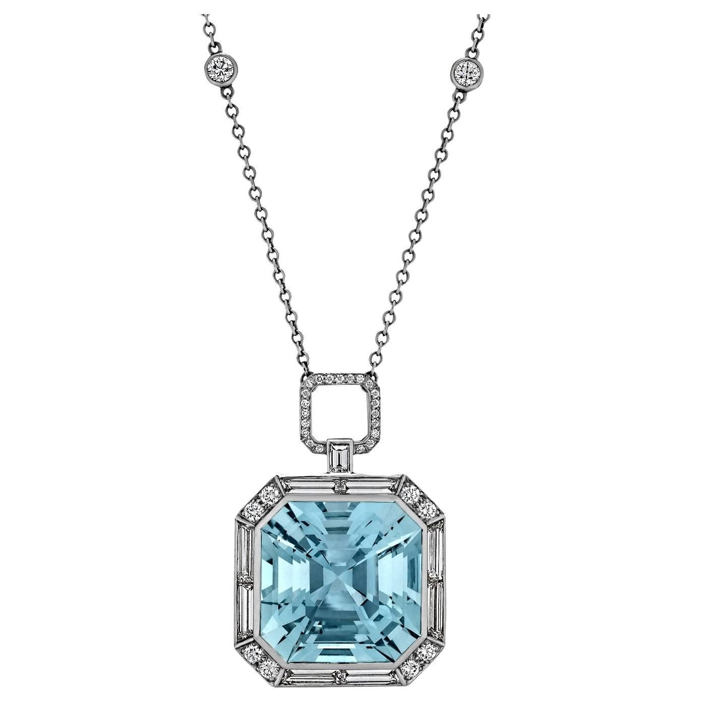 Tiffany & Co. Octagonal Cut Aquamarine Diamond Platinum Pendant with Chain