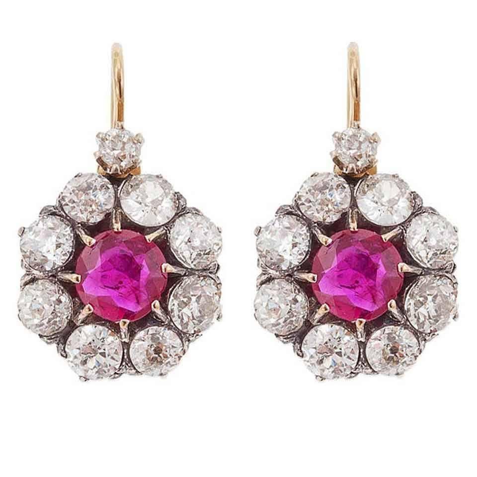 Victorian UNTREATED Burmese Ruby Diamond Silver Gold Rosette Earrings For Sale