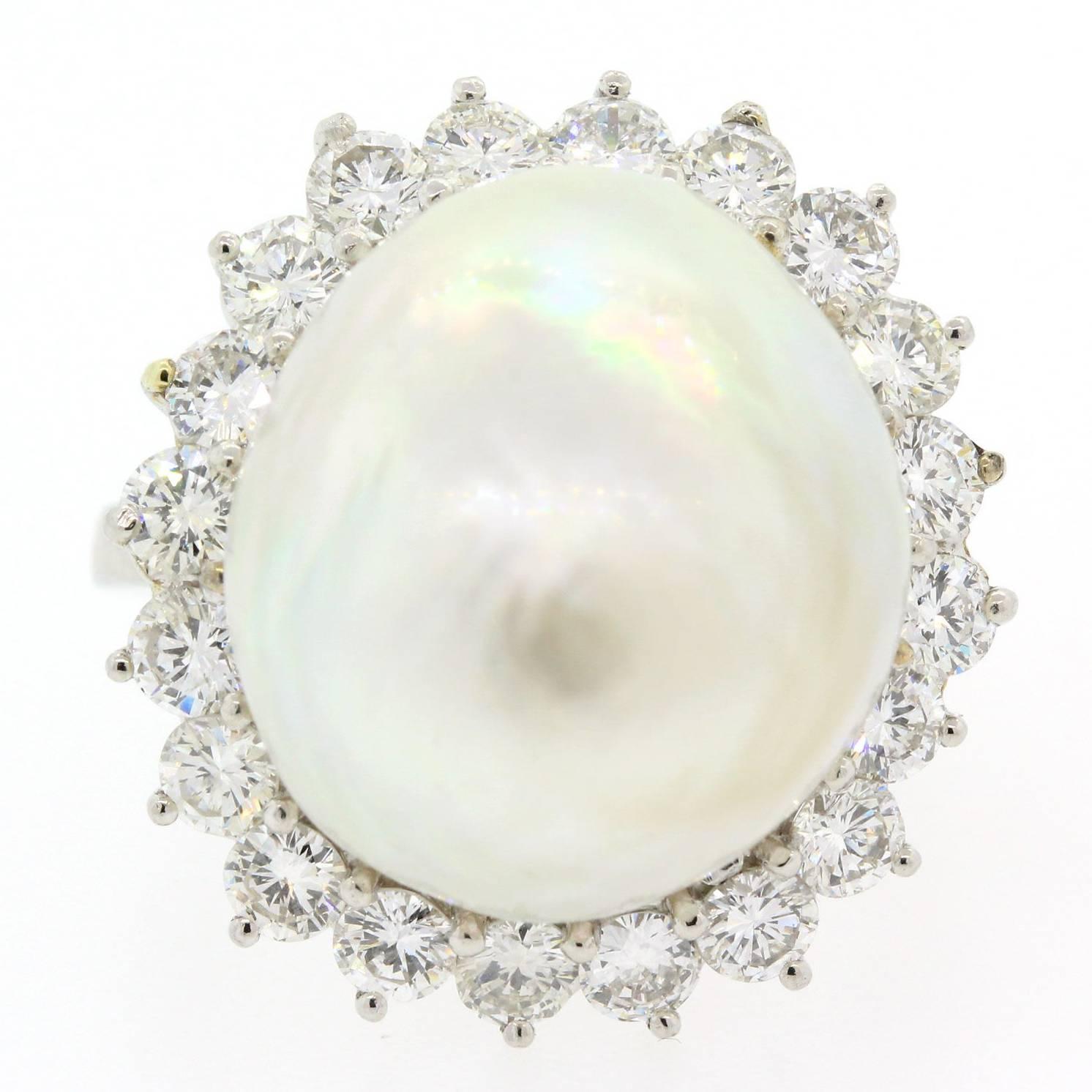 1970s South Sea Pearl Diamond Platinum Ring For Sale