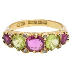 Antique Victorian Peridot Almandine Garnet Diamond 5-Stone Ring