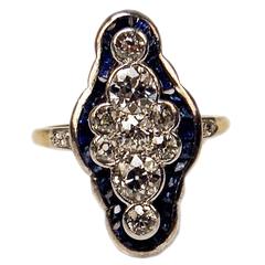 1920s Art Deco Austrian Diamond Sapphire Gold Dinner Ring