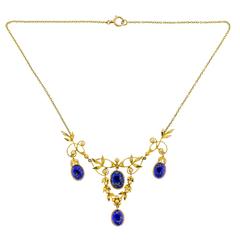 Art Nouveau Lapis Lazuli and Yellow Gold Swag Necklace