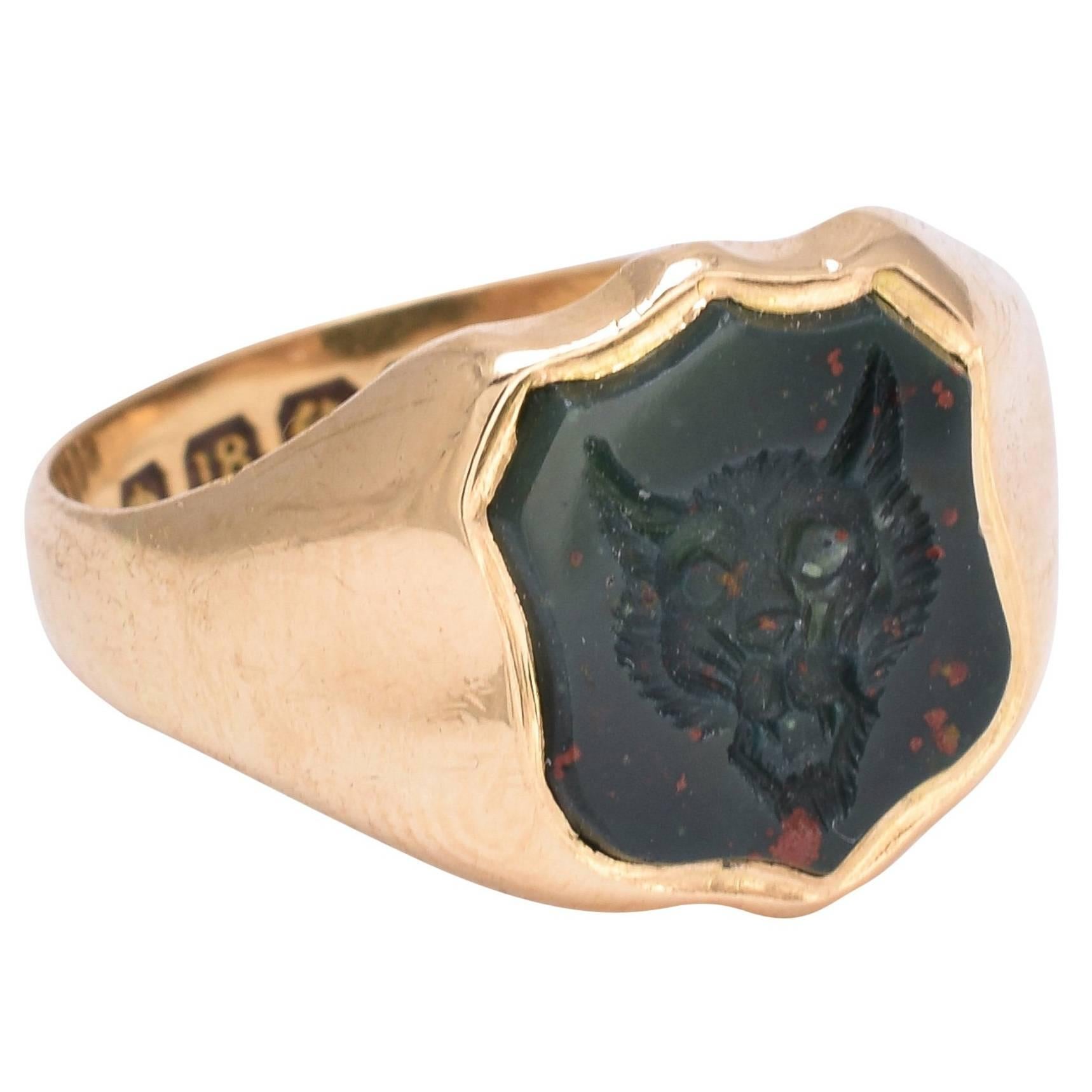 Victorian Bloodstone Wolf Intaglio Signet Ring