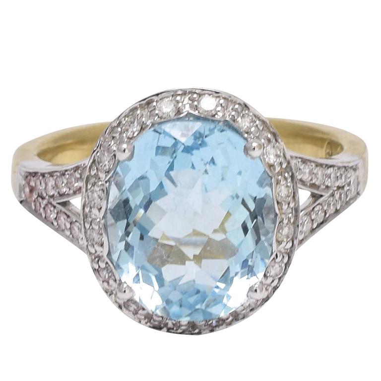 3.6 Carat Checker Cut Aquamarine Diamond Gold Engagement Ring at 1stdibs