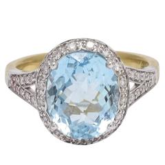 3.6 Carat Checker Cut Aquamarine Diamond Gold Engagement Ring