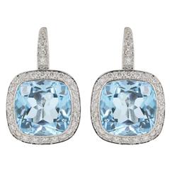 11 Carat Cushion Cut Blue Topaz Diamond gold Earrings 10
