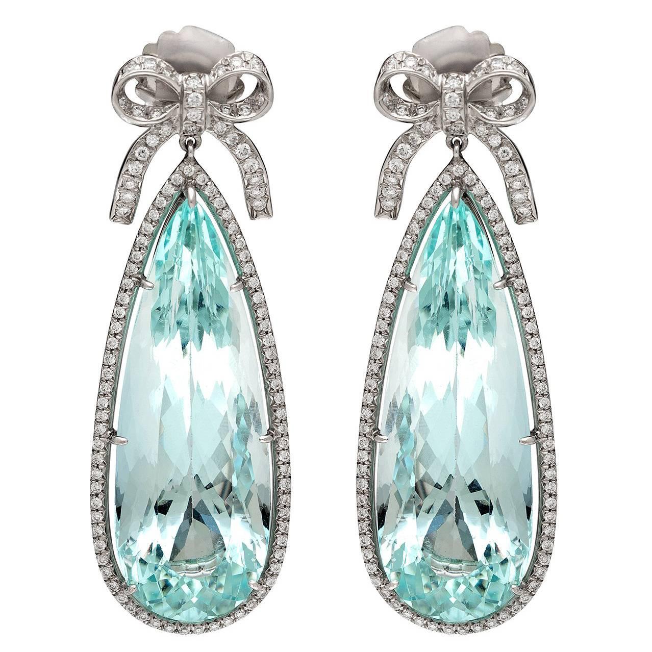 Aquamarine Diamond Platinum Pendant Earrings For Sale