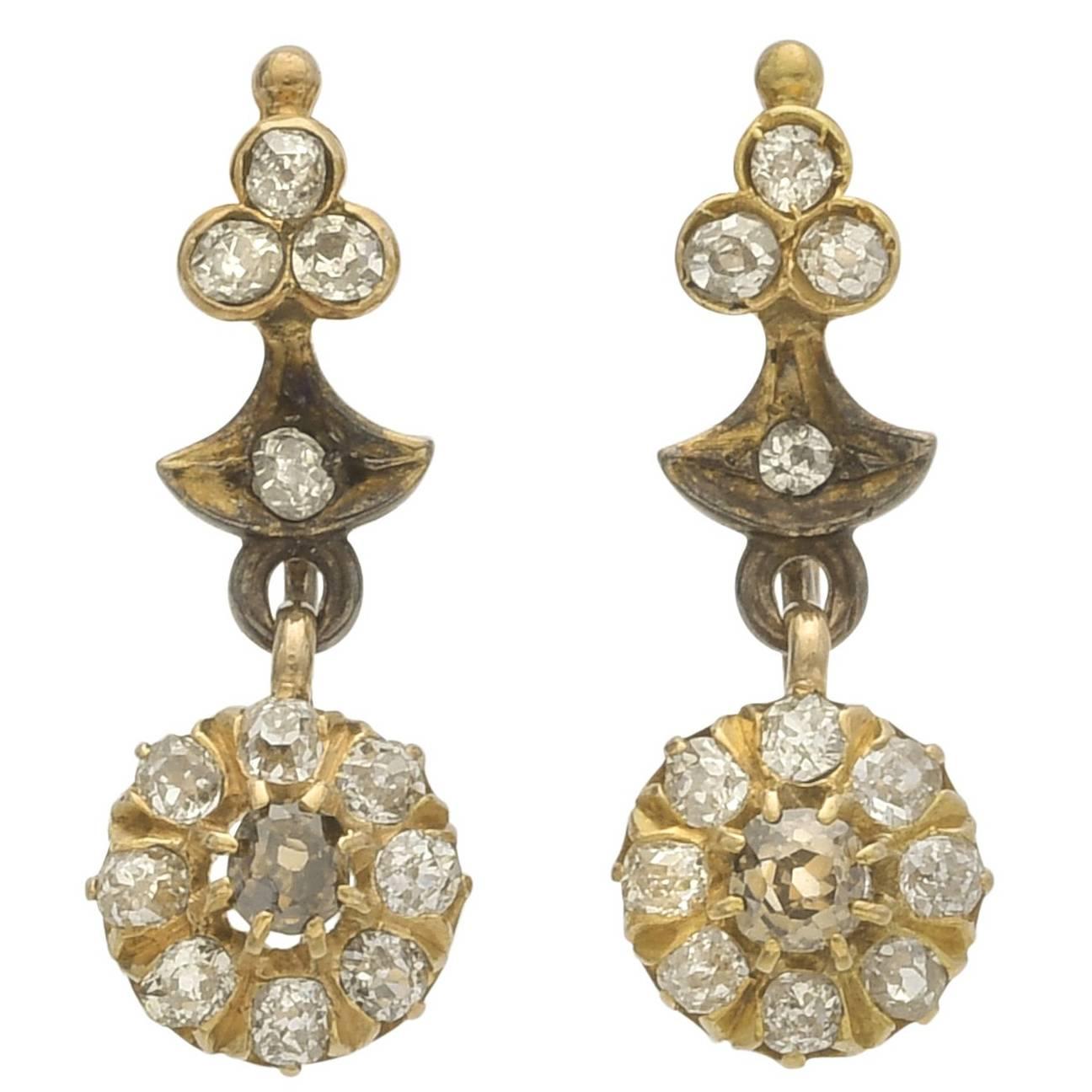 Antique Diamond Gold Cluster Drop Earrings