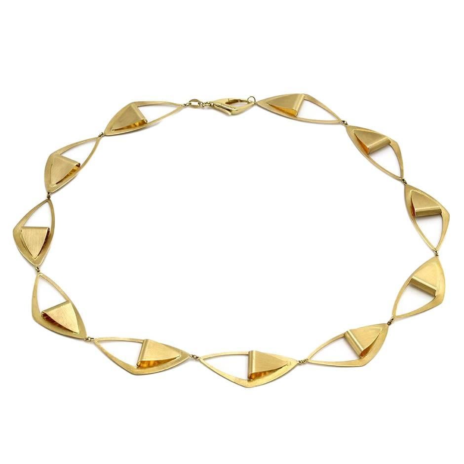 Triangular Modernist Satin Gold Link Necklace For Sale