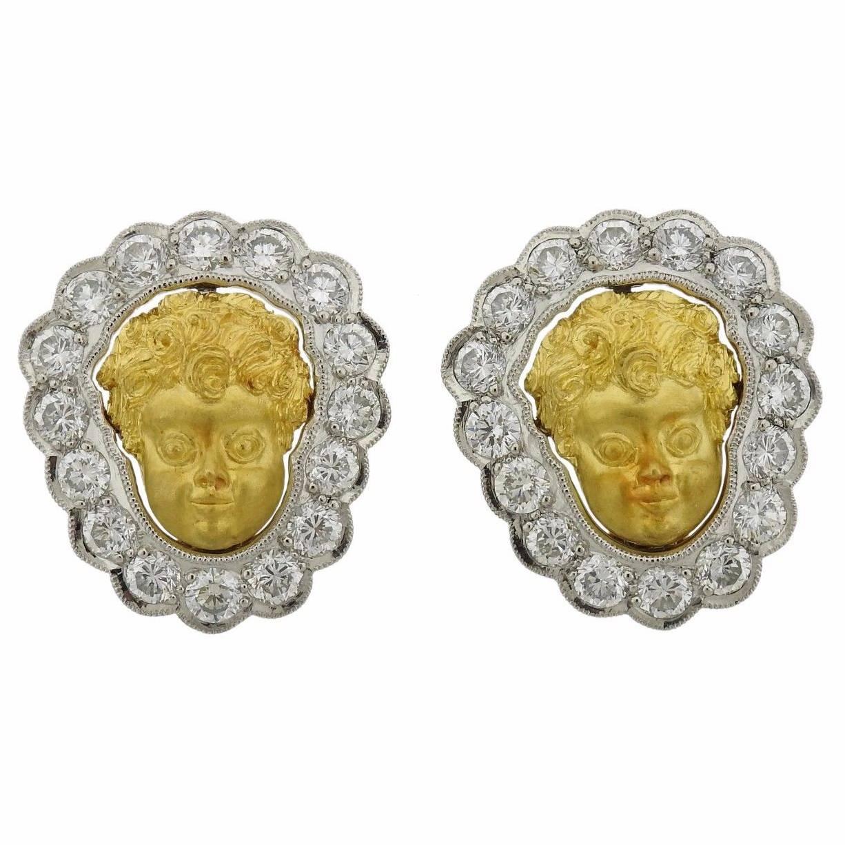 1990s Anthony Lent Putti Gold Diamond Platinum Cherub Earrings