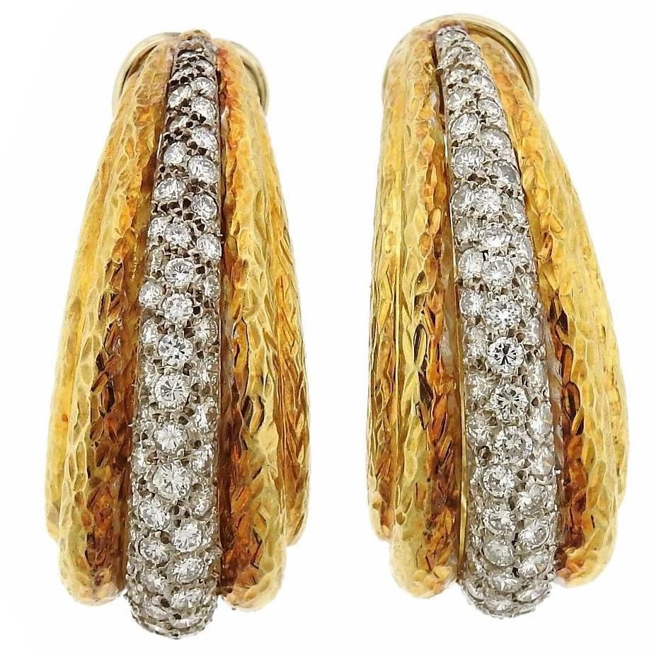 1970s Diamond Hammered Gold Large Hoop Earrings
