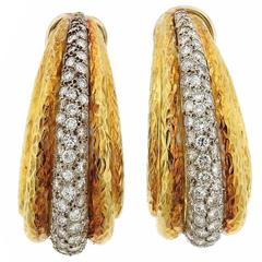 1970s Diamond Hammered Gold Large Hoop Earrings