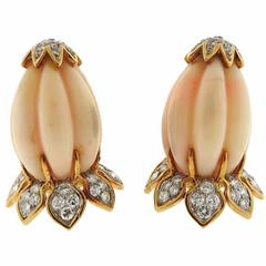 1960s Carved Coral Diamond Gold Earrings 4