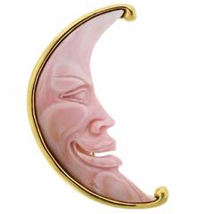 Vintage Valentin Magro Smiling Moon Shell Gold Brooch Pin