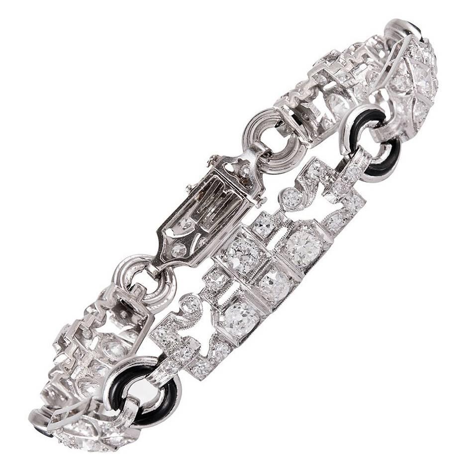 Art Deco Onyx old European Cut Diamond Platinum Bracelet  