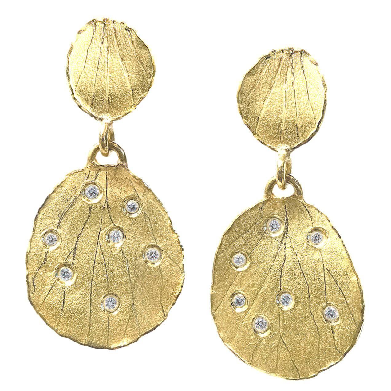 White Diamond Matte Gold Embedded Etched Petal Dangle Drop Earrings
