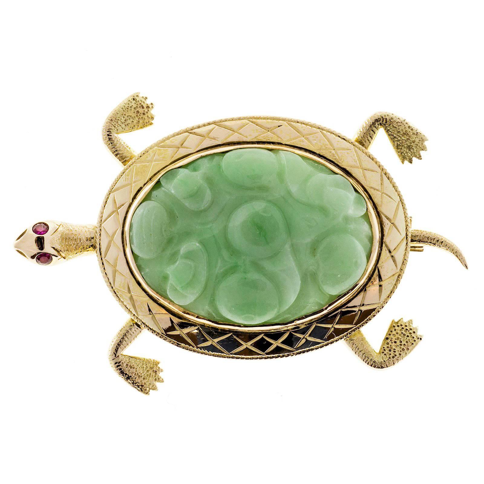 Broche tortue en or, jadéite naturelle, jade, rubis et jadéite certifiée GIA