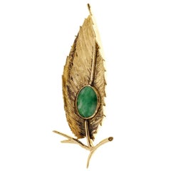GIA Certified Jade Textured Gold Leaf Brooch