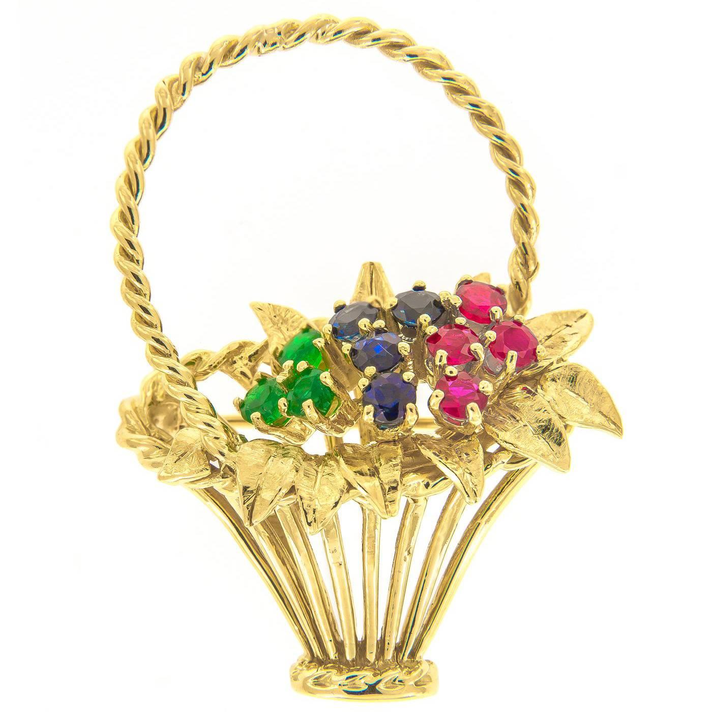Ruby Sapphire and Emerald Flower Basket Gold Brooch