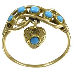 Antique Early Victorian Turquoise  Heart Locket Gold Ring 