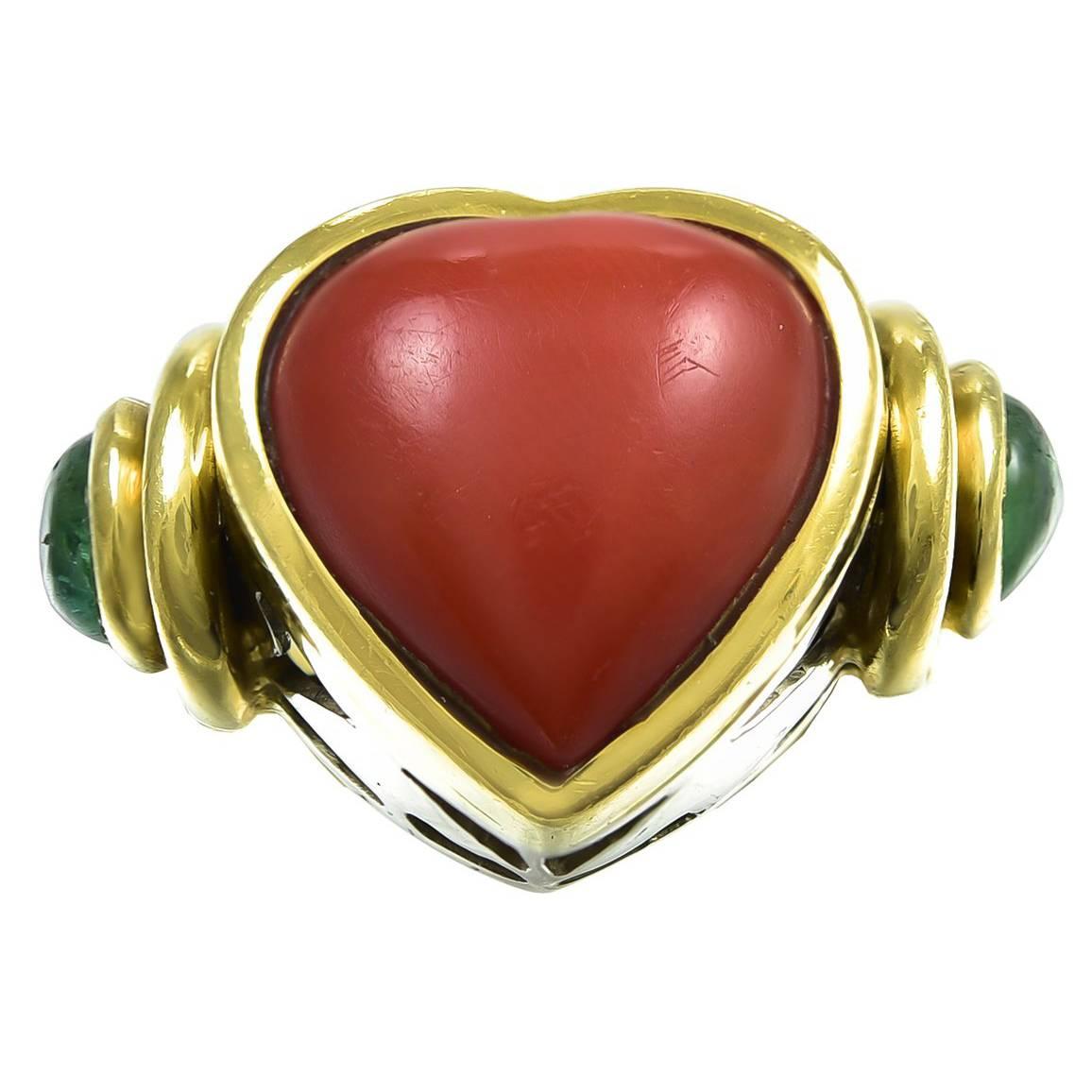 1970s  Italian  Coral Emerald Gold Ring