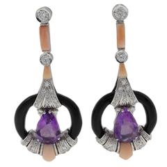 Luise Diamond Amethyst Coral Onyx Gold Earrings 7