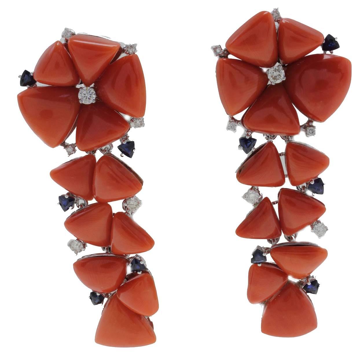 Luise Sapphire Coral Diamond Gold Chandelier Earrings