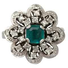 1970s Emerald Diamond White Gold Cocktail Ring 3