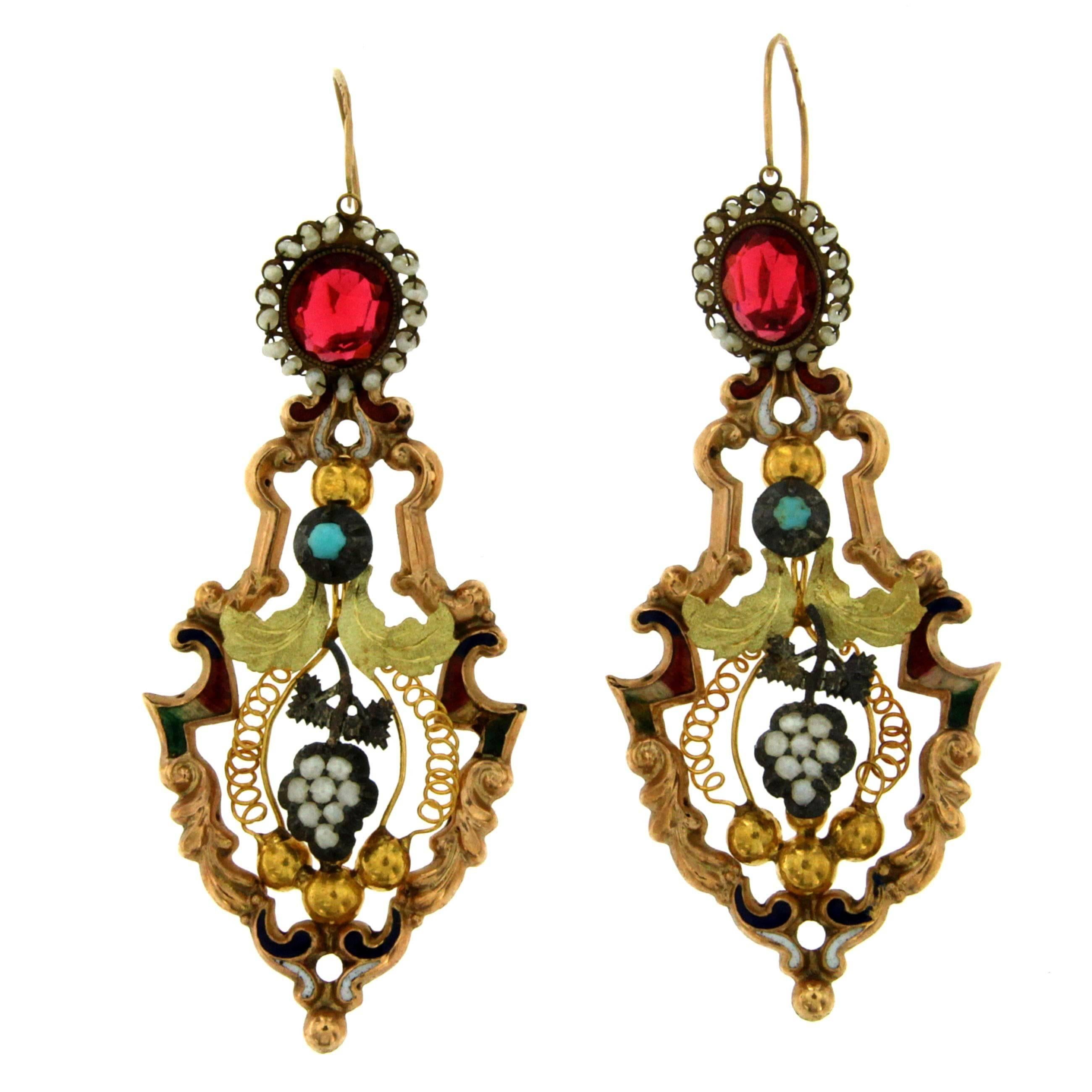1700s Antique Italian Enamel Gold Night & Day Earrings