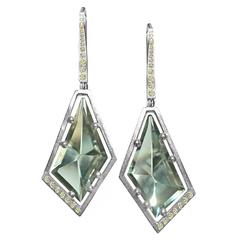 Unique Custom Cut Sage Amethyst Ice Green Diamond Matte Palladium Drop Earrings