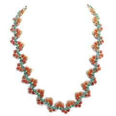Luise Diamonds Emeralds Coral Link Necklace 8