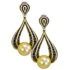 Black Diamonds Gold Twist and South Sea Pearl Drop Earrings Handmade in NYC 12