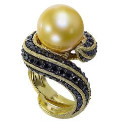 Black Diamonds South Sea Pearl Textured Gold Ring One of a Kind Handmade in NYC 8