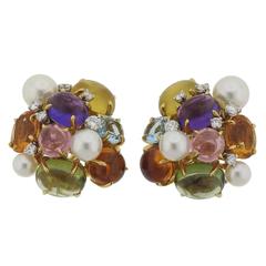 Seaman Schepps Multi Color Gemstone Diamond Pearl Gold Large Bubble Earrings