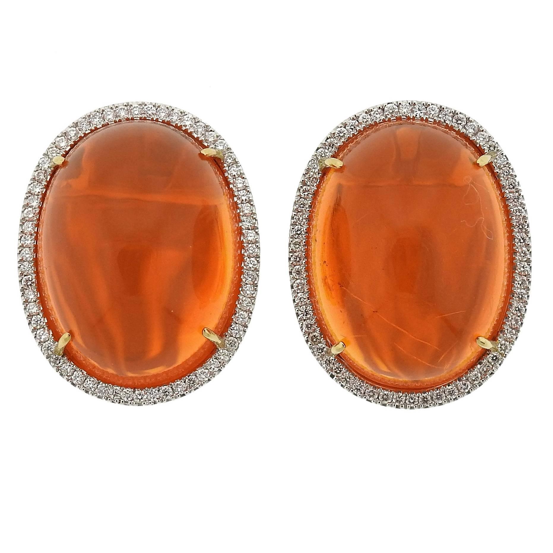 Mexican Fire Opal Cabochon Diamond Gold Earrings